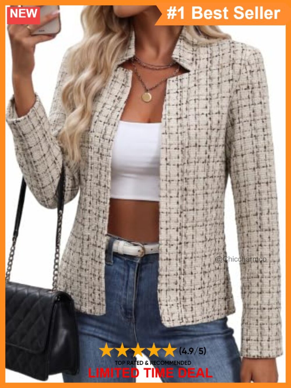 Tweed Blazer Open Front Notch Collar Long Sleeve Business Casual